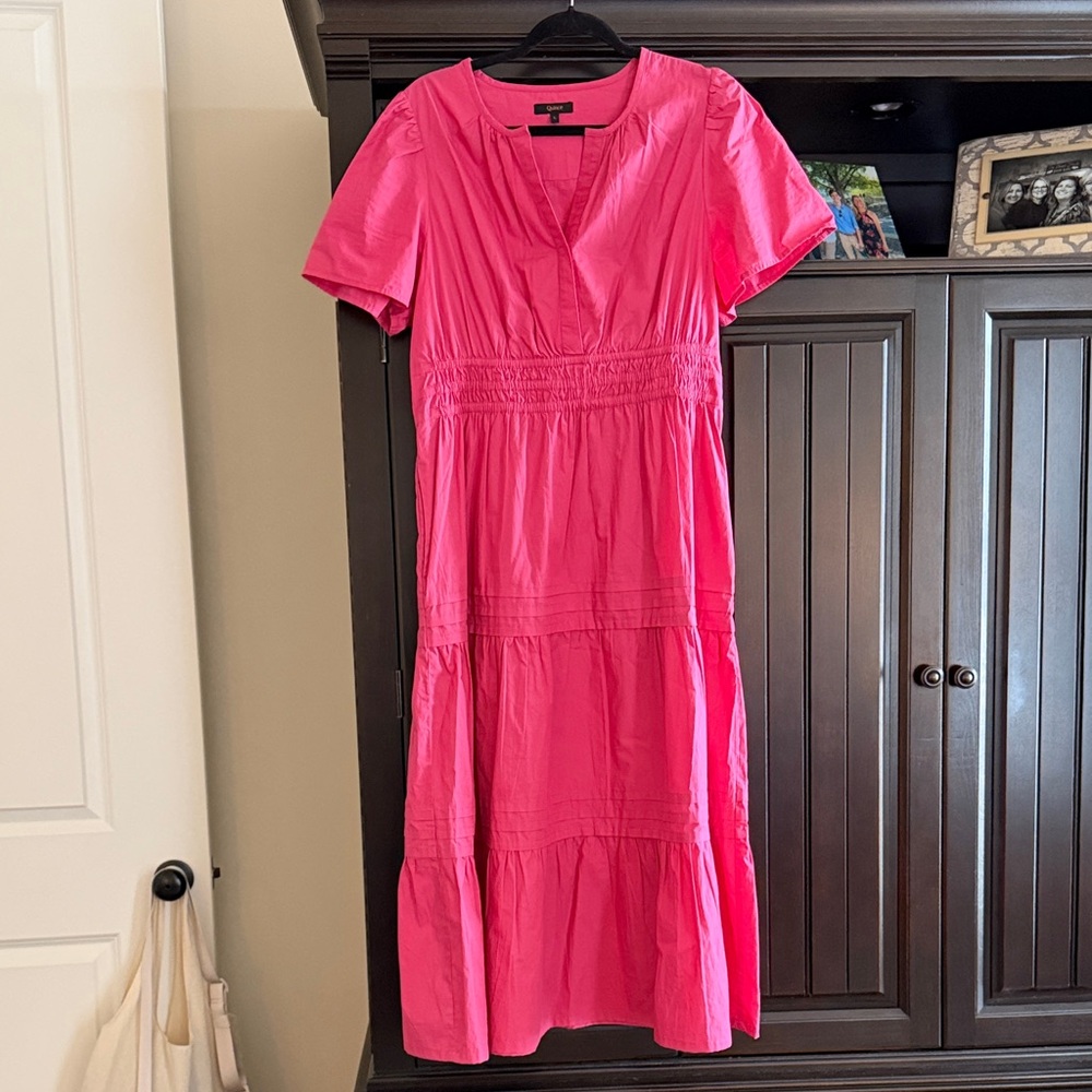 Quince Hot Pink Short-Sleeve Tiered Midi Dress EUC